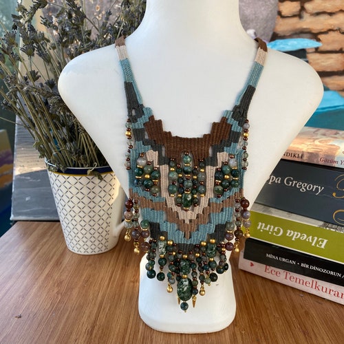 Boho Hand shops Woven Pendant Necklace - jade gemstone