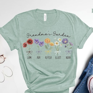 Grandma Shirt with Custom Birth Flowers and Names, Mothers Day Coquette Gift Unique Grandma Gift ,Personalized Birthday Gift Grandchildren