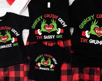 Custom Cousin Crew Shirt Christmas Matching , Grinchy Cousin Crew Family Shirt, Personalized Christmas Family Pajamas with Hand Heart Shirt