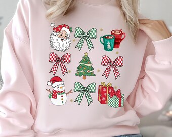 Checkered Coquette Christmas Sweatshirt , Cute Bow Christmas Sweater Cozy Winter Sweater for Women Christmas Gift Coquette Holiday Sweater
