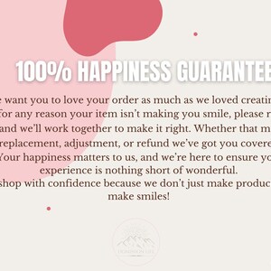 May include: A light pink background with white text stating "100% HAPPINESS GUARANTEE". The text assures customer satisfaction with replacements, adjustments, or refunds. The Dominion Life logo is at the bottom.