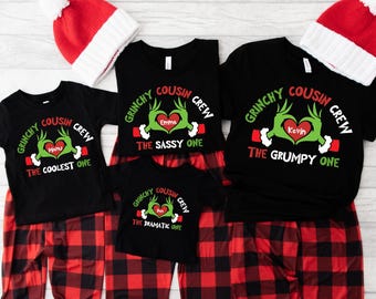 Custom Cousin Crew Shirt Christmas Matching , Grinchy Cousin Crew Family Shirt, Personalized Christmas Family Pajamas with Hand Heart Shirt