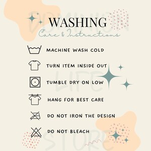 Puede incluir: Un fondo blanco con un dise&ntilde;o abstracto rosa y melocot&oacute;n. El texto "WASHING Care & Instructions" est&aacute; en negro. Debajo del texto hay una lista de instrucciones de lavado con iconos: "MACHINE WASH COLD", "TURN ITEM INSIDE OUT", "TUMBLE DRY ON LOW", "HANG FOR BEST CARE", "DO NOT IRON THE DESIGN", "DO NOT BLEACH".