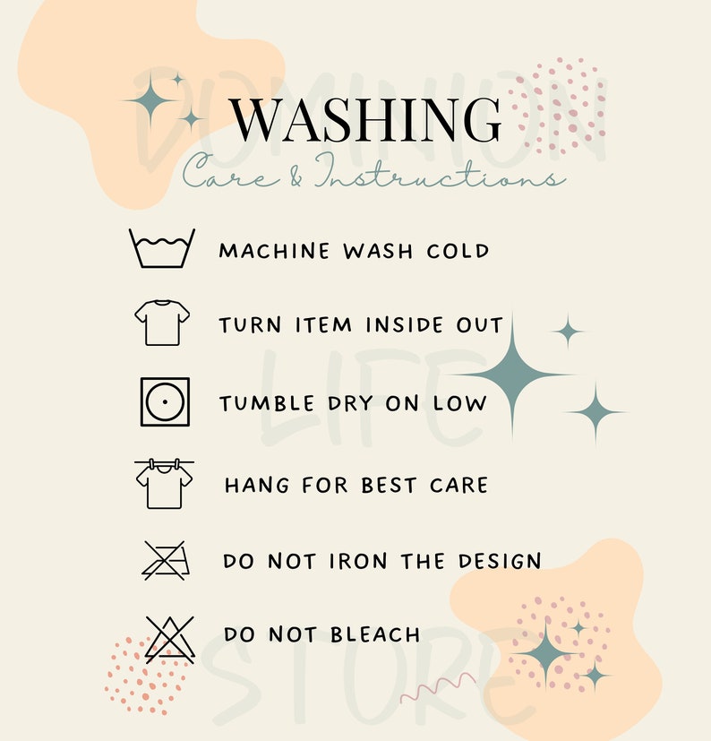 Puede incluir: Un fondo blanco con un dise&ntilde;o abstracto rosa y melocot&oacute;n. El texto "WASHING Care & Instructions" est&aacute; en negro. Debajo del texto hay una lista de instrucciones de lavado con iconos: "MACHINE WASH COLD", "TURN ITEM INSIDE OUT", "TUMBLE DRY ON LOW", "HANG FOR BEST CARE", "DO NOT IRON THE DESIGN", "DO NOT BLEACH".