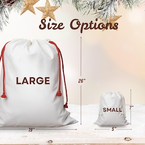 May include: White drawstring bags labelled "LARGE" and "SMALL" with red drawstrings. The large bag is 48cm wide and 66cm tall. The small bag is 13cm wide and 18cm tall. The words "Size Options" are at the top.