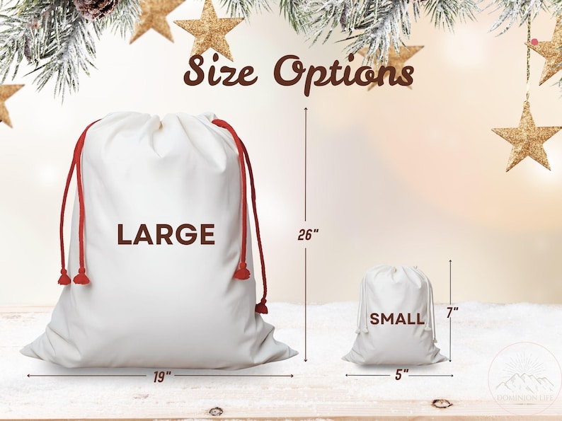 May include: White drawstring bags labelled "LARGE" and "SMALL" with red drawstrings. The large bag is 48cm wide and 66cm tall. The small bag is 13cm wide and 18cm tall. The words "Size Options" are at the top.