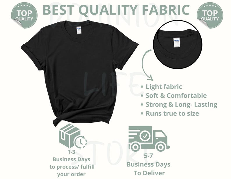 Op de afbeelding: Zwart T-shirt gemaakt van een zachte, comfortabele en duurzame stof. Het shirt is lichtgewicht en valt normaal uit. De tekst "BEST QUALITY FABRIC" is in grijs gedrukt bovenaan de afbeelding. De tekst "TOP QUALITY" is in grijs gedrukt aan de linker- en rechterkant van de afbeelding.