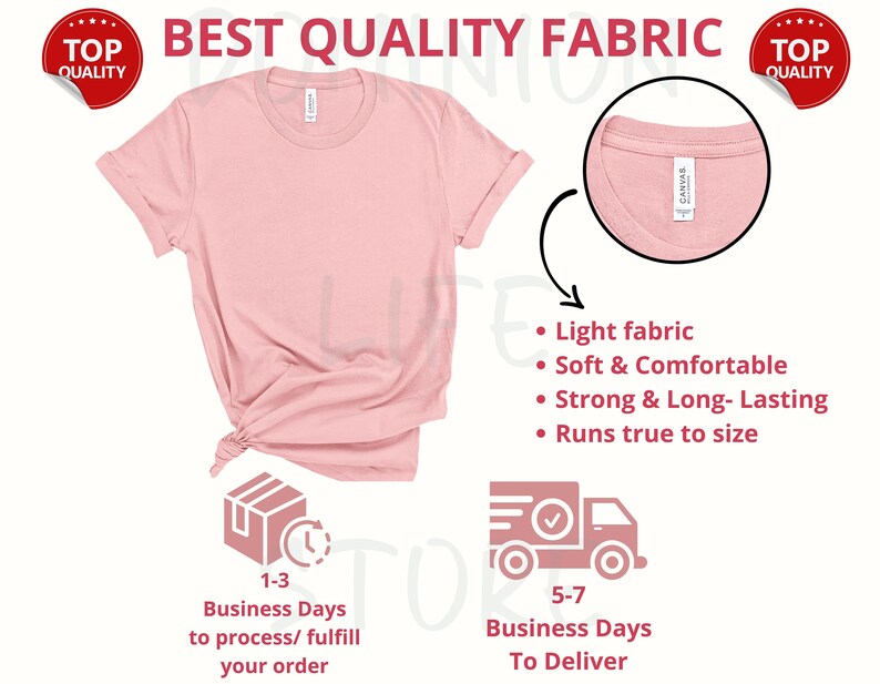 Puede incluir: Una camiseta rosa hecha de tela de alta calidad. La camiseta es suave, c&oacute;moda y duradera. Talla normal. La imagen tambi&eacute;n muestra un primer plano de la tela y el cuello de la camiseta. El texto "BEST QUALITY FABRIC" est&aacute; en la parte superior de la imagen.