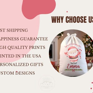 May include: A white Christmas gift bag with a Santa Claus design, candy canes, and the name "Emma." The bag has a drawstring closure and the text "Special Delivery for." The background includes text that says "Why Choose Us."