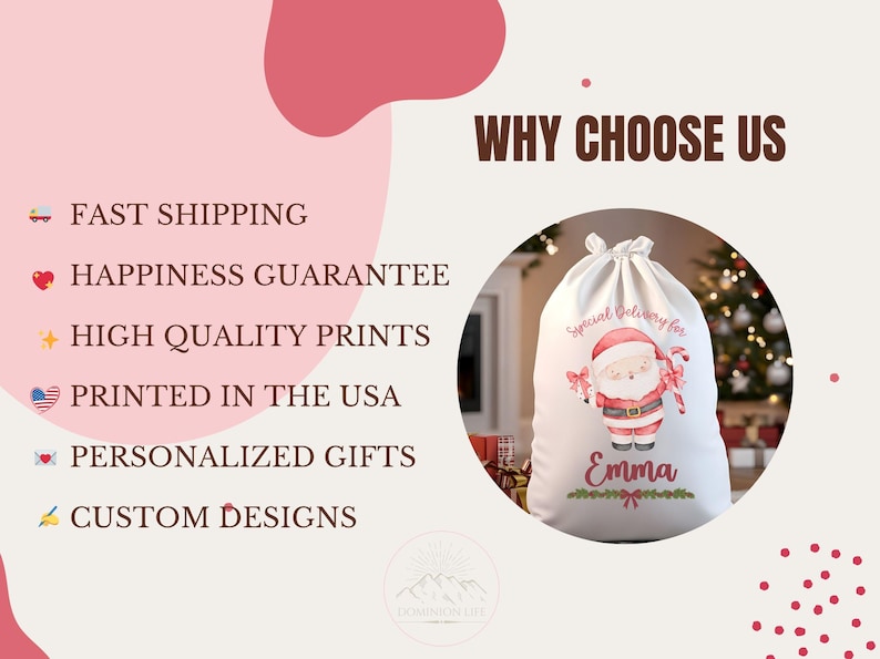 May include: A white Christmas gift bag with a Santa Claus design, candy canes, and the name "Emma." The bag has a drawstring closure and the text "Special Delivery for." The background includes text that says "Why Choose Us."