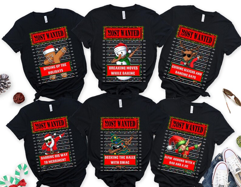 Funny christmas group shirts with christmas characters doing the dabbing dance