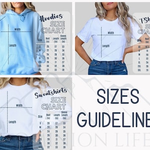 Puede incluir: Tabla de tallas para sudaderas con capucha, sudaderas y camisetas. La tabla muestra las medidas de busto, largo y largo de manga en pulgadas para las tallas XS, S, M, L, XL, 2XL, 3XL y 4XL.