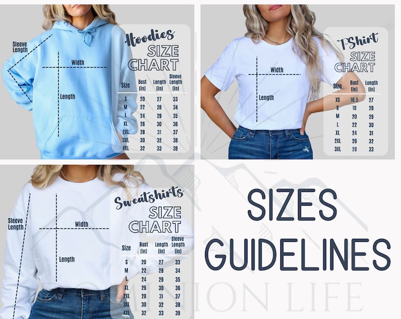 Puede incluir: Tabla de tallas para sudaderas con capucha, sudaderas y camisetas. La tabla muestra las medidas de busto, largo y largo de manga en pulgadas para las tallas XS, S, M, L, XL, 2XL, 3XL y 4XL.