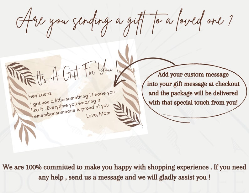 May include: A gift card with the text "It's A Gift For You!" and a handwritten message. The card is decorated with leaf illustrations and the text "Are you sending a gift to a loved one?" is at the top. The image also includes instructions on adding a custom message.