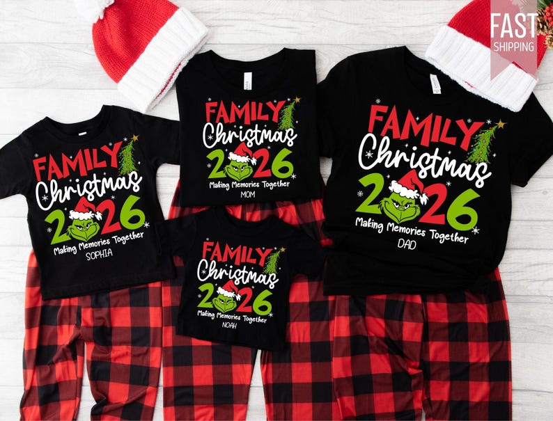 May include: A set of black short-sleeved t-shirts and red and black plaid pajama pants with matching red and white Santa hats. The shirts feature a graphic of a green character, the text Family Christmas 2026, and Making Memories Together.