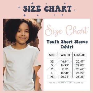 May include: A size chart for a youth short sleeve t-shirt on a light pink background. The chart lists sizes XS through XL with corresponding width and length measurements in inches. A child wearing a plain white t-shirt is shown on the left side.