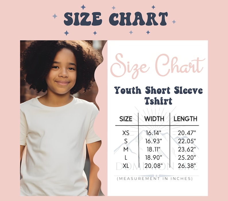 May include: A size chart for a youth short sleeve t-shirt on a light pink background. The chart lists sizes XS through XL with corresponding width and length measurements in inches. A child wearing a plain white t-shirt is shown on the left side.