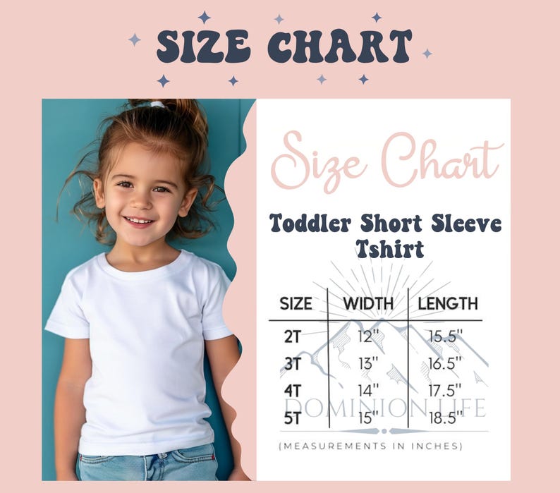 May include: A size chart for a toddler short sleeve t-shirt with text reading Size Chart, Toddler Short Sleeve Tshirt, and a table listing sizes 2T through 5T with corresponding widths and lengths in inches, ranging from 12 to 15 inches wide.