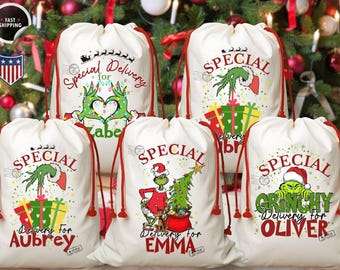 The Grinchy Christmas Sacks Family Matching Santa Sacks , Personalized Funny Stockings , Cousin Matching Grinchy Christmas gifts Large Bag.