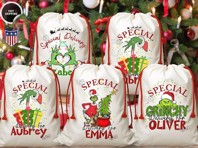 May include: Five white Christmas gift bags with red drawstrings. Each bag features a different Grinch-themed design with the words "Special Delivery" and a name. The bags are decorated with Christmas trees and gifts.