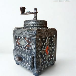 Coffee grinder. Antique. Inlaid with metal. A rare masterpiece