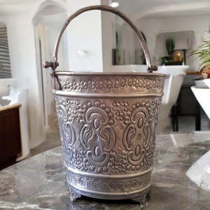 Antique Moroccan Metal Bath Bucket Unique Traditional Piece with Rare Stamp .