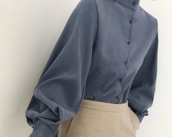 Vintage Lantern Sleeve Single-breasted Stand-up Collar Shirts