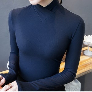 Stand-up Collar Long-sleeved Stretch T-shirt Women's Fall/winter Fleece ...