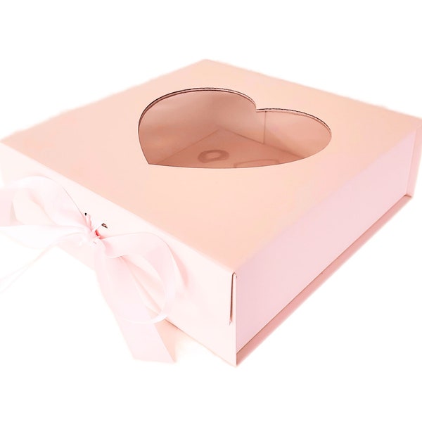 Pink Gift Box Empty with Magnetic Closure Lid and Ribbon 8”x 8.5”x 2.5”, Heart Shaped Box, Gift Box for Flowers, Mother's Day Gift Box