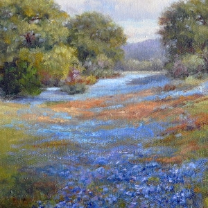 Texas Bluebonnet Landscape, 8"x10" Fine Art Print  mounted in an 11"x14" white mat board, ready to frame