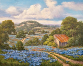 Lone Star Welcome, Texas Hill Country Bluebonnet Landscape, 8"x10" Fine Art Print  mounted in an 11"x14" white mat board, ready to frame