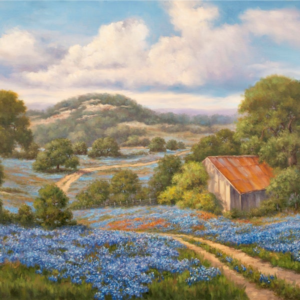 Lone Star Welcome, Texas Hill Country Bluebonnet Landscape, 8"x10" Fine Art Print  mounted in an 11"x14" white mat board, ready to frame