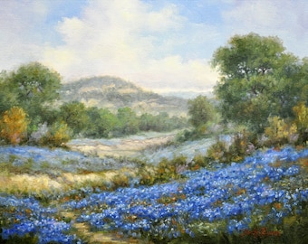 Native Texas, Texas Hill Country Bluebonnet Landscape, 8"x10" Fine Art Print  mounted in an 11"x14" white mat board, ready to frame