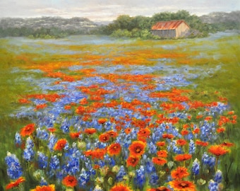 Texas Wildflower Landscape, 8&quot;x10&quot; Fine Art Print  mounted in an 11&quot;x14&quot; white mat board, ready to frame