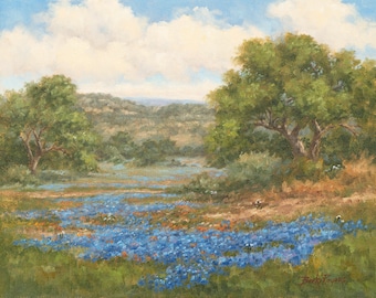 Texas Hill Country Bluebonnet Landscape, Joyous Spring, 8&quot;x10&quot; Fine Art Print  mounted in an 11&quot;x14&quot; white mat board, ready to frame