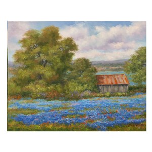 May include: A painting of a rustic wooden barn with a rusty metal roof, surrounded by a field of blue wildflowers. The barn is set against a backdrop of rolling hills and a blue sky with fluffy white clouds.
