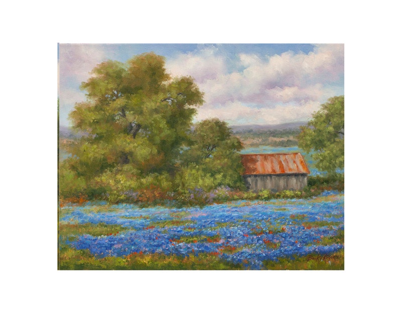 May include: A painting of a rustic wooden barn with a rusty metal roof, surrounded by a field of blue wildflowers. The barn is set against a backdrop of rolling hills and a blue sky with fluffy white clouds.