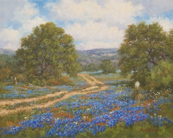 My Favorite Time, Texas Hill Country Bluebonnet Landscape, 8&quot;x10&quot; Fine Art Print mounted in an 11&quot;x14&quot; white mat board, ready to frame.