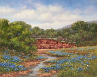 Texas Hill County Bluebonnet Landscape "Along The Creek", 8"x10" Fine Art Print mounted in an 11"x14" white mat board, ready to frame