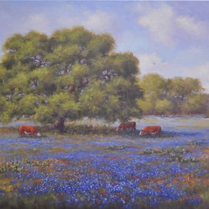 Under Texas Skies, Texas Hill Country Bluebonnet Landscape, 8&quot;x10&quot; Fine Art Print  mounted in an 11&quot;x14&quot; white mat board, ready to frame