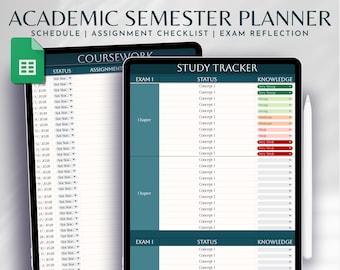 May include: A digital planner template for academic semesters. The template includes a schedule, assignment checklist, and exam reflection sections. The image shows a close-up of the study tracker section, which includes columns for status and knowledge. The knowledge column has a colour-coded scale for rating understanding of concepts.