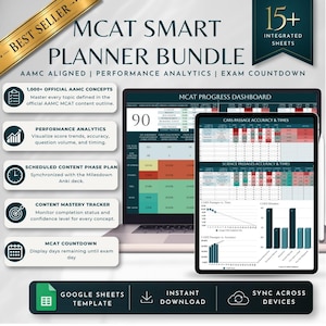 Peut inclure: MCAT Smart Planner Bundle avec ordinateur portable et tablette affichant des tableaux de bord de progression, des analyses de performance et des suivis de maîtrise. Inclut 15+ feuilles intégrées, contenu aligné AAMC et compte à rebours.