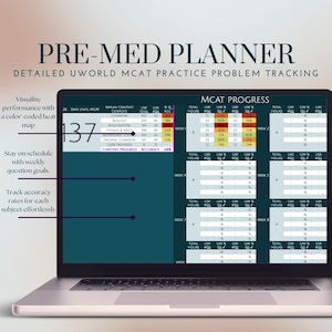 K&ouml;nnte beinhalten: Ein Laptop-Bildschirm zeigt einen Pre-Med-Planer mit einem detaillierten UWorld MCAT-&Uuml;bungsproblem-Tracking-System. Der Planer enth&auml;lt eine Fortschrittsanzeige, eine Inhaltsfortschritts&uuml;bersicht und eine Tabelle zur Verfolgung des w&ouml;chentlichen Fortschritts bei der MCAT-Pr&uuml;fung. Der Bildschirm zeigt auch einen Countdown-Timer, der 137 Tage bis zur MCAT-Pr&uuml;fung anzeigt.