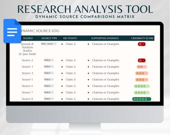 Herramienta de comparación de análisis de investigación Evaluador de fuentes confiables Plantilla de detección de sesgo Organizador de investigación académica Guía de validación de información