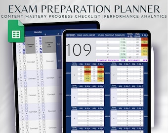 May include: A blue and white digital planner with the text "EXAM PREPARATION PLANNER" and "CONTENT MASTERY PROGRESS CHECKLIST PERFORMANCE ANALYTICS". The planner includes a calendar, a checklist, and a progress tracker. The date is 31/2025 and the number 109 is displayed. The planner also includes a section for "STUDY CONTENT COMPLETE" and "CONTENT PROGRESS".