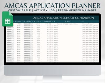 May include: A computer screen displaying a spreadsheet with the title "AMCAS Application Planner". The spreadsheet is used to track application costs, deadlines, and notes for medical school applications. The spreadsheet includes columns for "Cost I", "Secondary", "Cost II", "Deadline", "School", and "Notes".