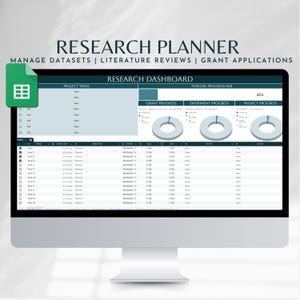 May include: A computer screen displaying a research planner dashboard with a timeline progress bar, grant progress, experiment progress, and project progress. The dashboard is divided into sections for project tasks, grant application progress, experiment progress, and project progress. The progress is displayed as a percentage.