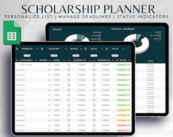 May include: A computer screen displaying a scholarship planner application. The application has a spreadsheet-like interface with columns for scholarship name, reward, essays, reference #1, reference #2, and status. The application also includes a pie chart showing the status of scholarship applications.