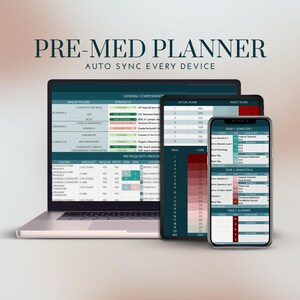 K&ouml;nnte beinhalten: Ein Laptop, ein Tablet und ein Smartphone zeigen eine Pre-Med-Planer-App mit einem gr&uuml;n-braunen Farbschema. Die App enth&auml;lt eine Checkliste der Pre-Med-Anforderungen, einen Zeitplan und einen Fortschritts-Tracker. Der Text auf dem Bildschirm lautet "PRE-MED PLANNER AUTO SYNC EVERY DEVICE".