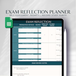 May include: A printable exam reflection planner with a teal and white color scheme. The planner includes sections for exam preparation method, study environment, preparation length, study techniques and time management, expected grade, scored grade, most missed areas, how you felt before, during, and after the exam, and adjustments to make. The planner also includes a section for exam review notes.